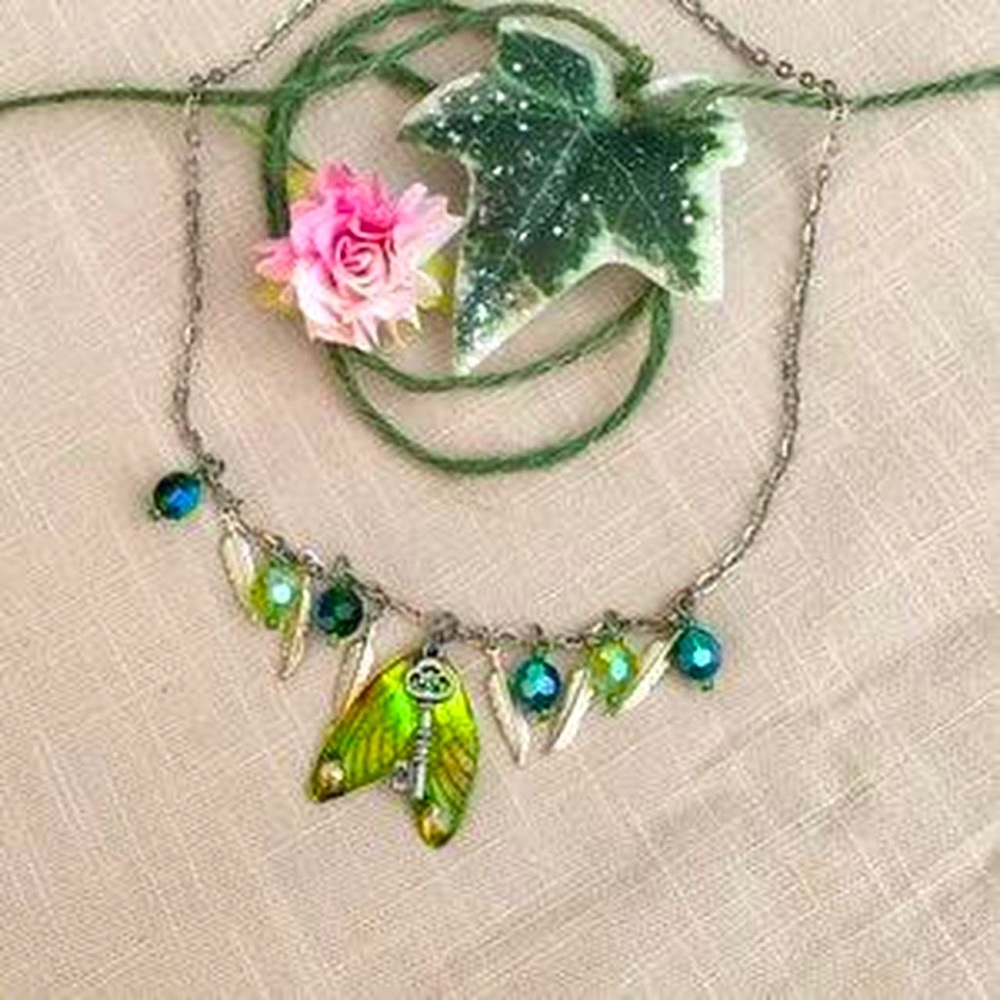 Woodland Nymph Green Fairy Wing Cottagecore Necklace